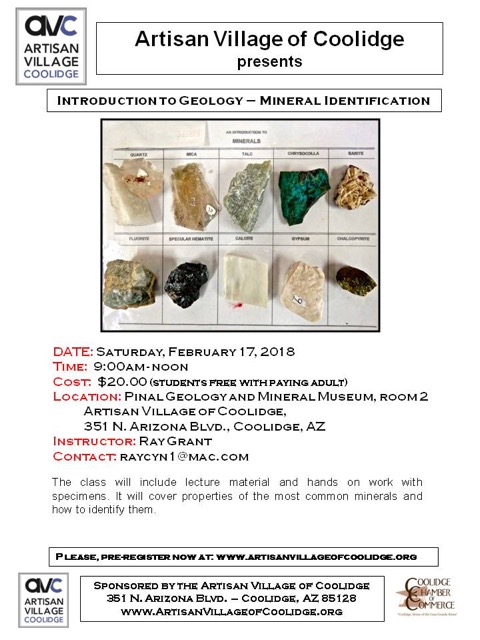 Introduction to Geology - Mineral Identification @ PGMM - Room 2, Artisan Village of Coolidge | Coolidge | Arizona | United States