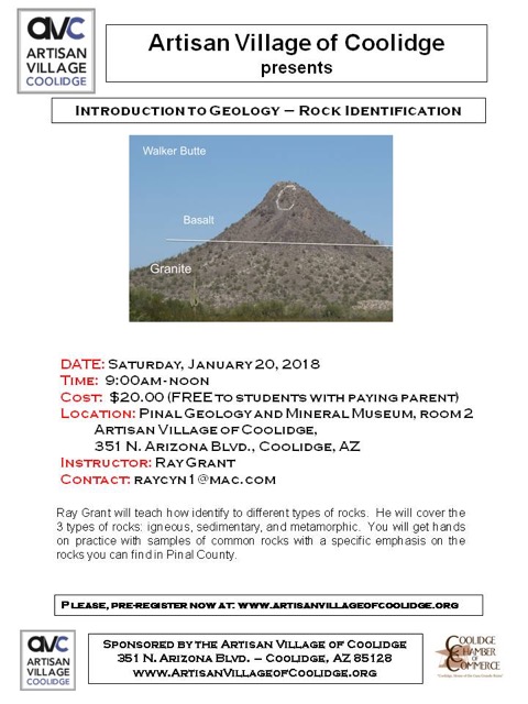 Introduction to Geology - Rock Identification @ PGMM - Room 2, Artisan Village of Coolidge | Coolidge | Arizona | United States